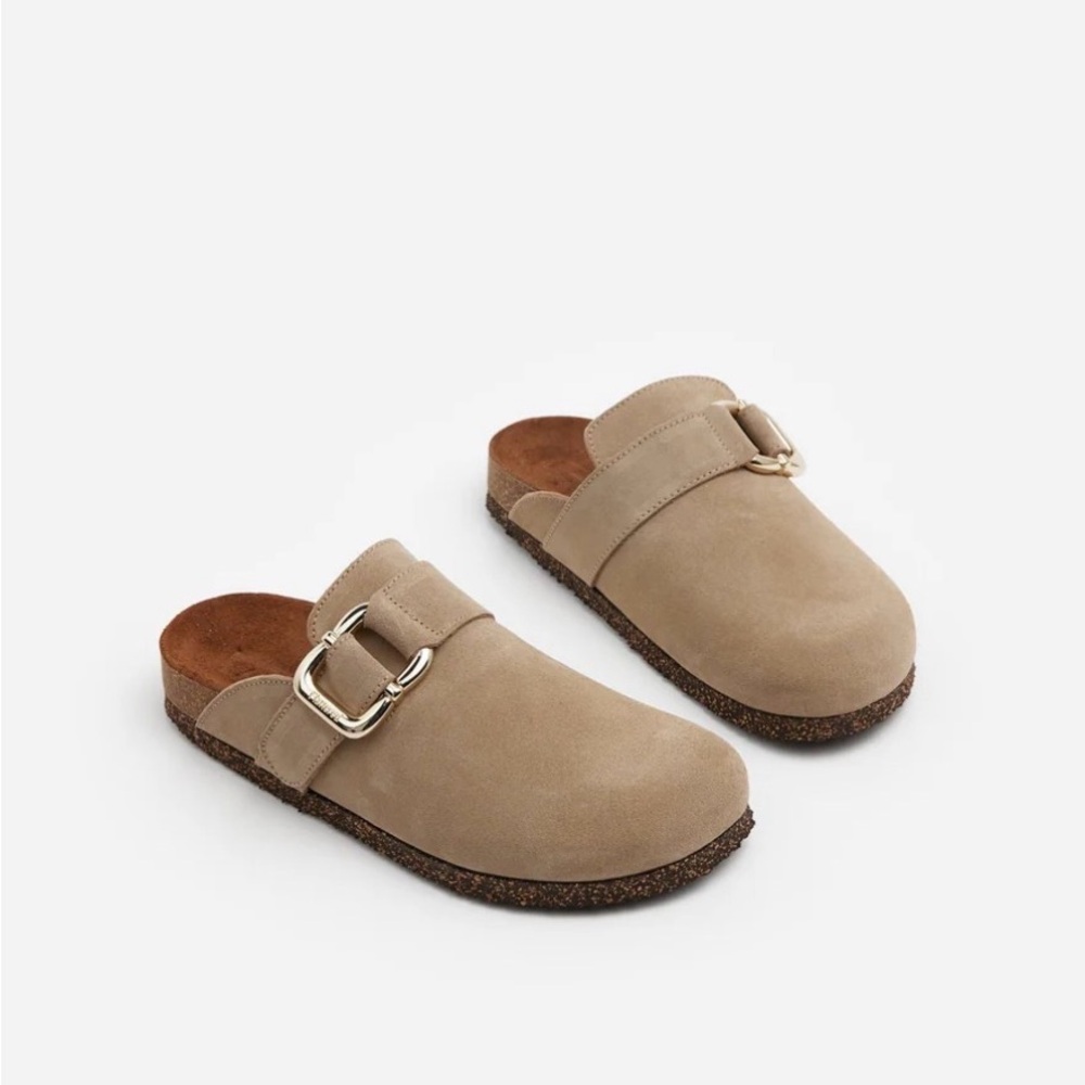 Flattered Tan Mules with Gold Buckle